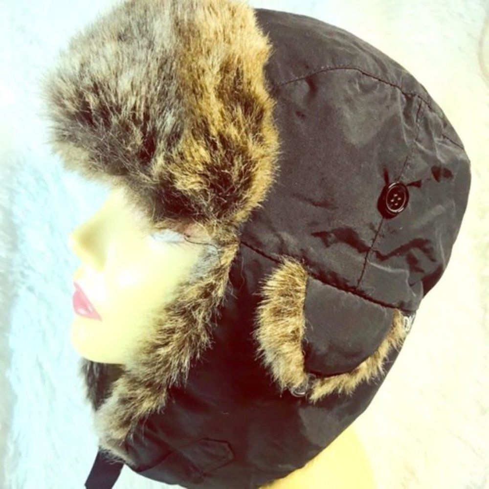 D&Y Trapper Fun Fur Lined Ear Hat Black Y